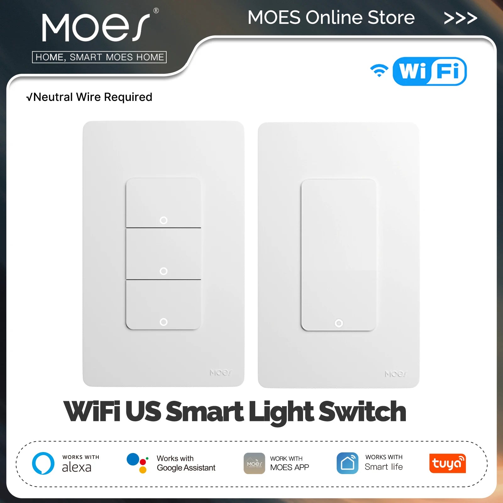 MOES Tuya WiFi Smart Light Switch – Single Pole Wall Switch Compatible with Alexa & Google Home (Neutral Wire Required)