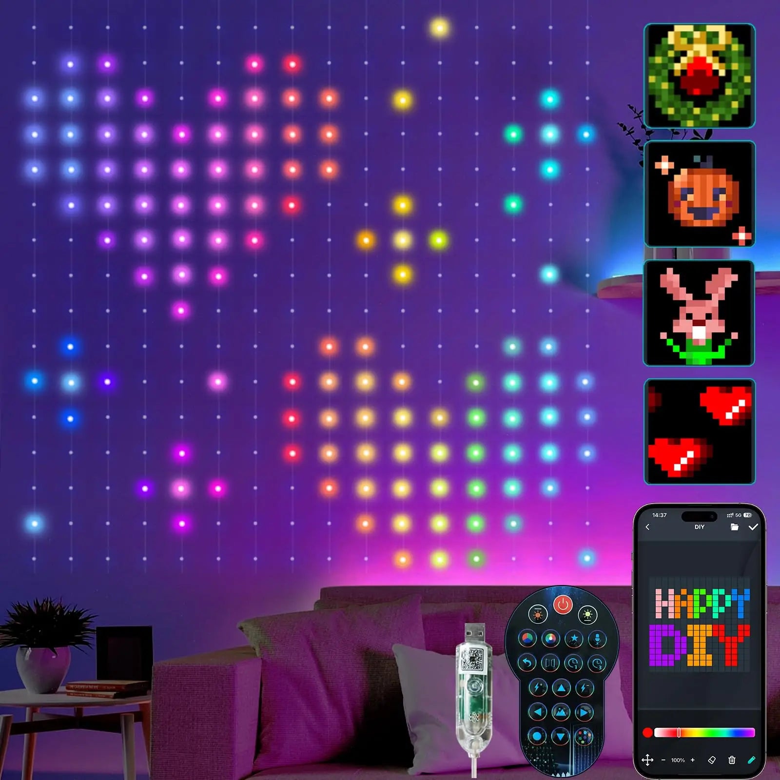 Smart RGB Curtain Lights – App Controlled LED Fairy Lights with DIY Patterns, Music Sync & Remote