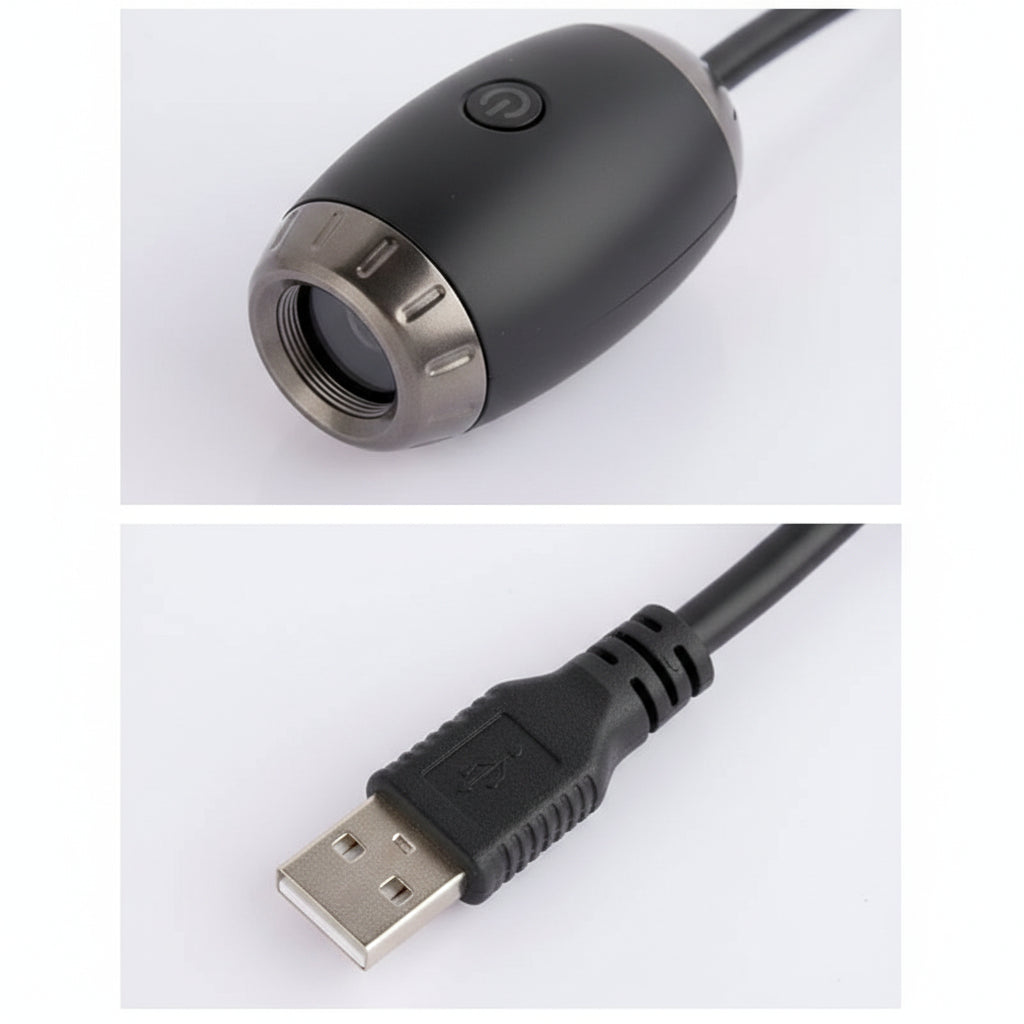 Product details of a black electronic device with USB interface on a white background.