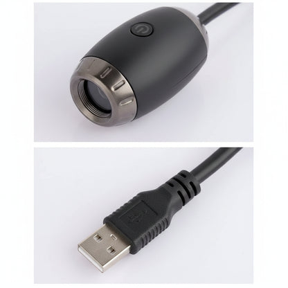 Product details of a black electronic device with USB interface on a white background.
