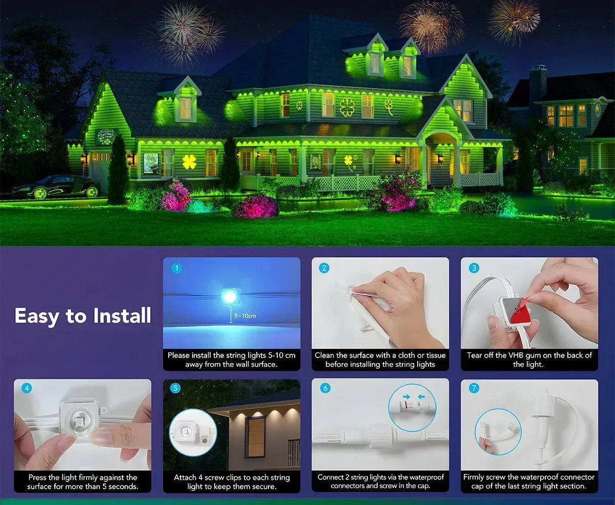 House illuminated with green lights at night, with installation instructions displayed below.