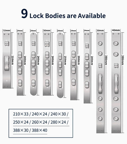 Illustration of 9 different lock bodies with dimensions on a white background