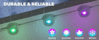 Lighting fixtures with color-changing capabilities labeled 'Spring', 'Summer', 'Autumn', and 'Winter' under the text 'Durable & Reliable'.