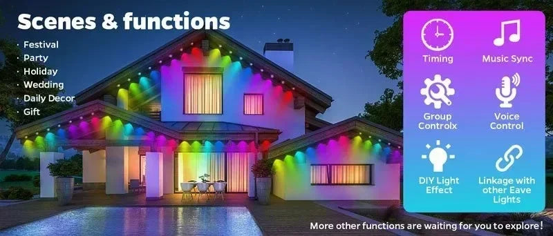 300FT Smart Permanent Outdoor Lights – RGB Color-Changing Eave Lights with App Control, Music Sync & Waterproof Design