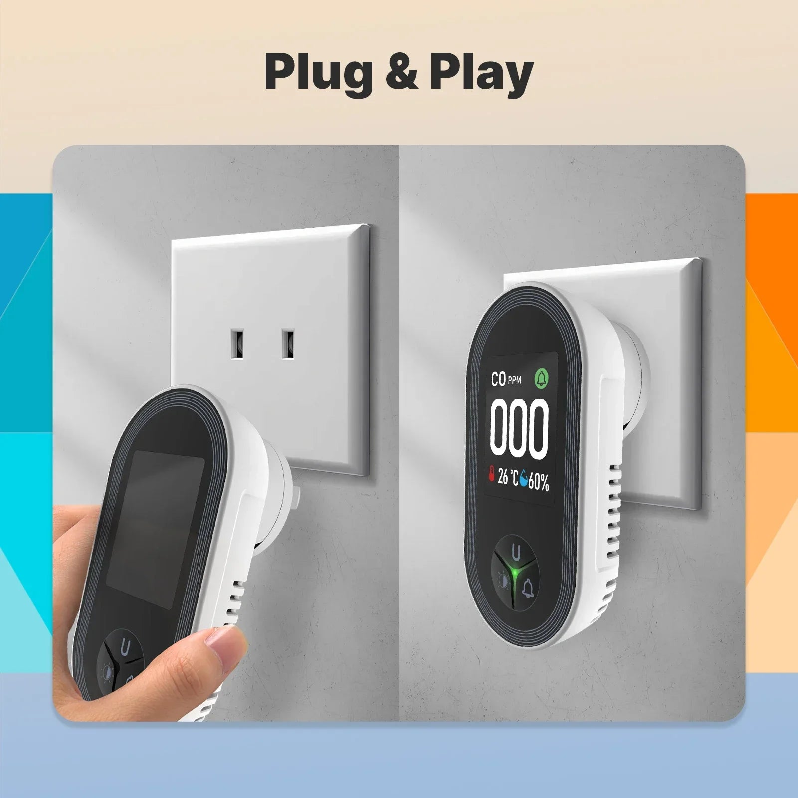 3-in-1 Carbon Monoxide Detector Plug-in – CO Alarm with Temperature & Humidity Display, Home Safety Monitor