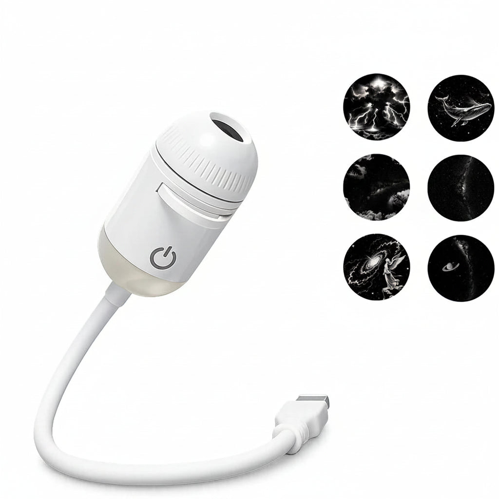 White USB projection night light with power symbol and six projection film options on a white background.