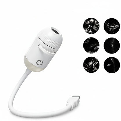 White USB projection night light with power symbol and six projection film options on a white background.