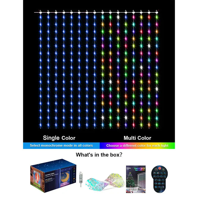 Smart RGB Curtain Lights – App Controlled LED Fairy Lights with DIY Patterns, Music Sync & Remote