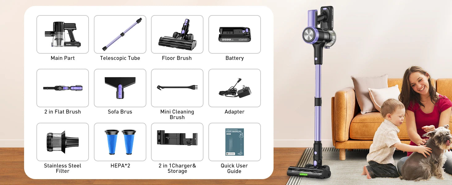 Cordless Vacuum Cleaner 500W 55KPa – Self-Standing Stick Vacuum with LED Display, 60 Min Runtime, Anti-Tangle Brush for Pet Hair & Carpet Cleaning