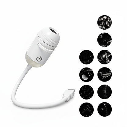 White USB projection night light with 10 projection films displayed on a white background