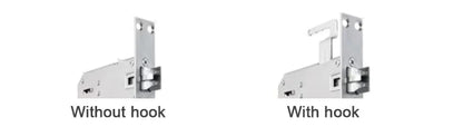 Two metal brackets, one labeled 'Without hook' and the other 'With hook', on a white background.
