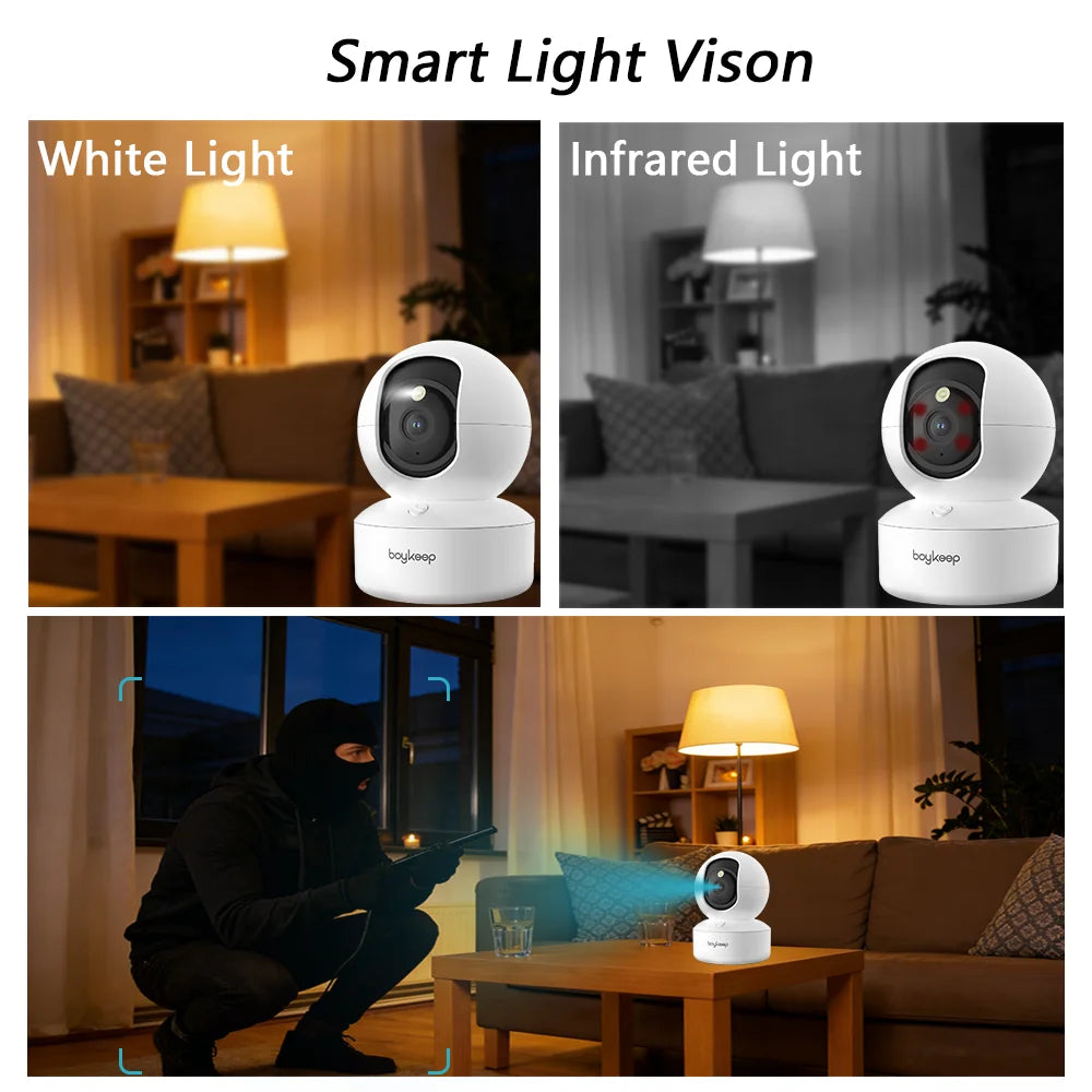 Smart 2K WiFi Security Camera – 360° PTZ Indoor Surveillance with Night Vision & Two-Way Audio