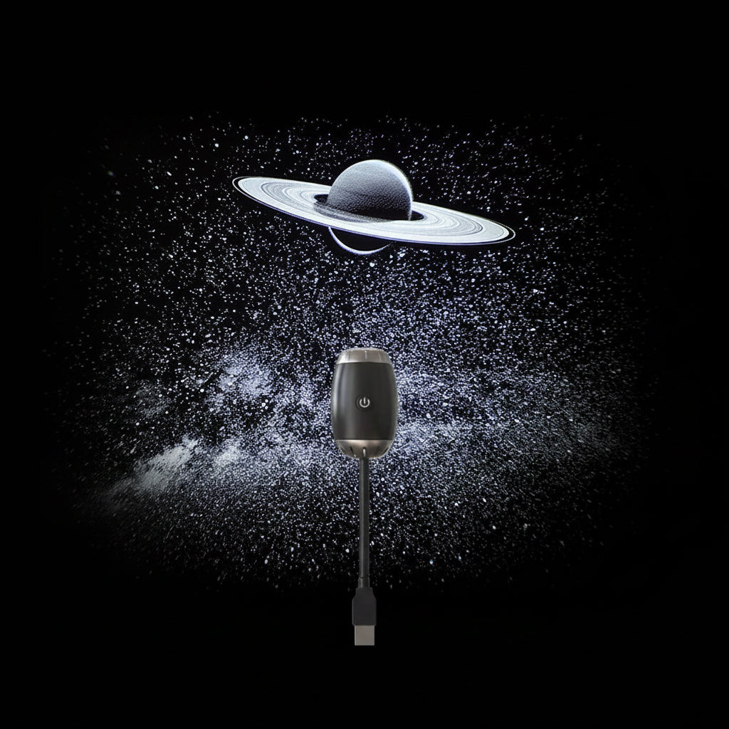 Saturn galaxy projector lamp creating starry sky ceiling in dark bedroom