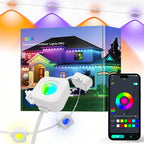 RGBIC Permanent Outdoor Lights PRO with LED strip, control device, and smartphone app on a white background.