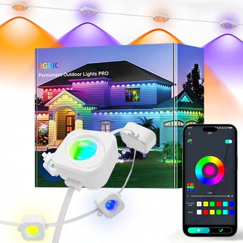 RGBIC Permanent Outdoor Lights PRO with LED strip, control device, and smartphone app on a white background.
