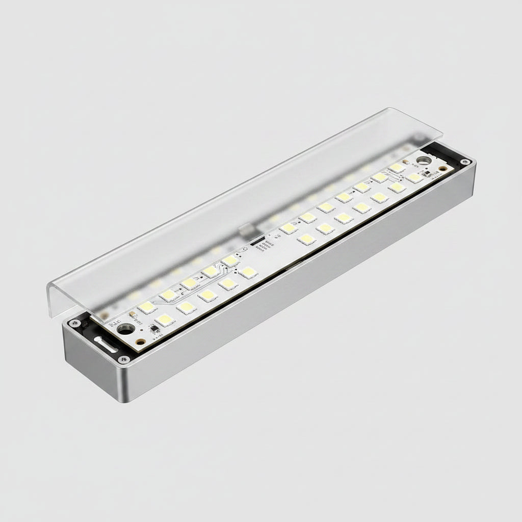LED light bar with labeled components on a white background