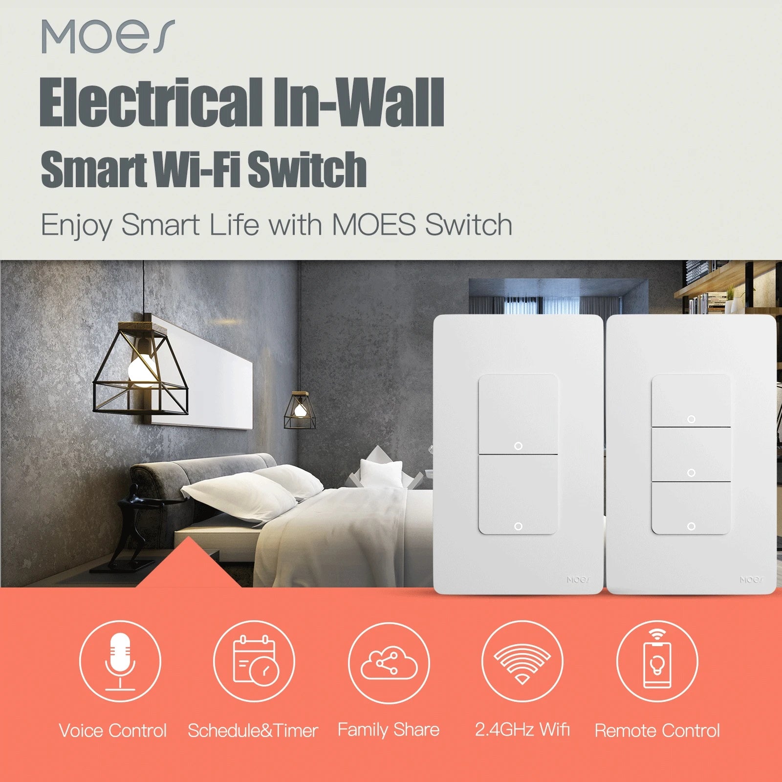 MOES Tuya WiFi Smart Light Switch – Single Pole Wall Switch Compatible with Alexa & Google Home (Neutral Wire Required)