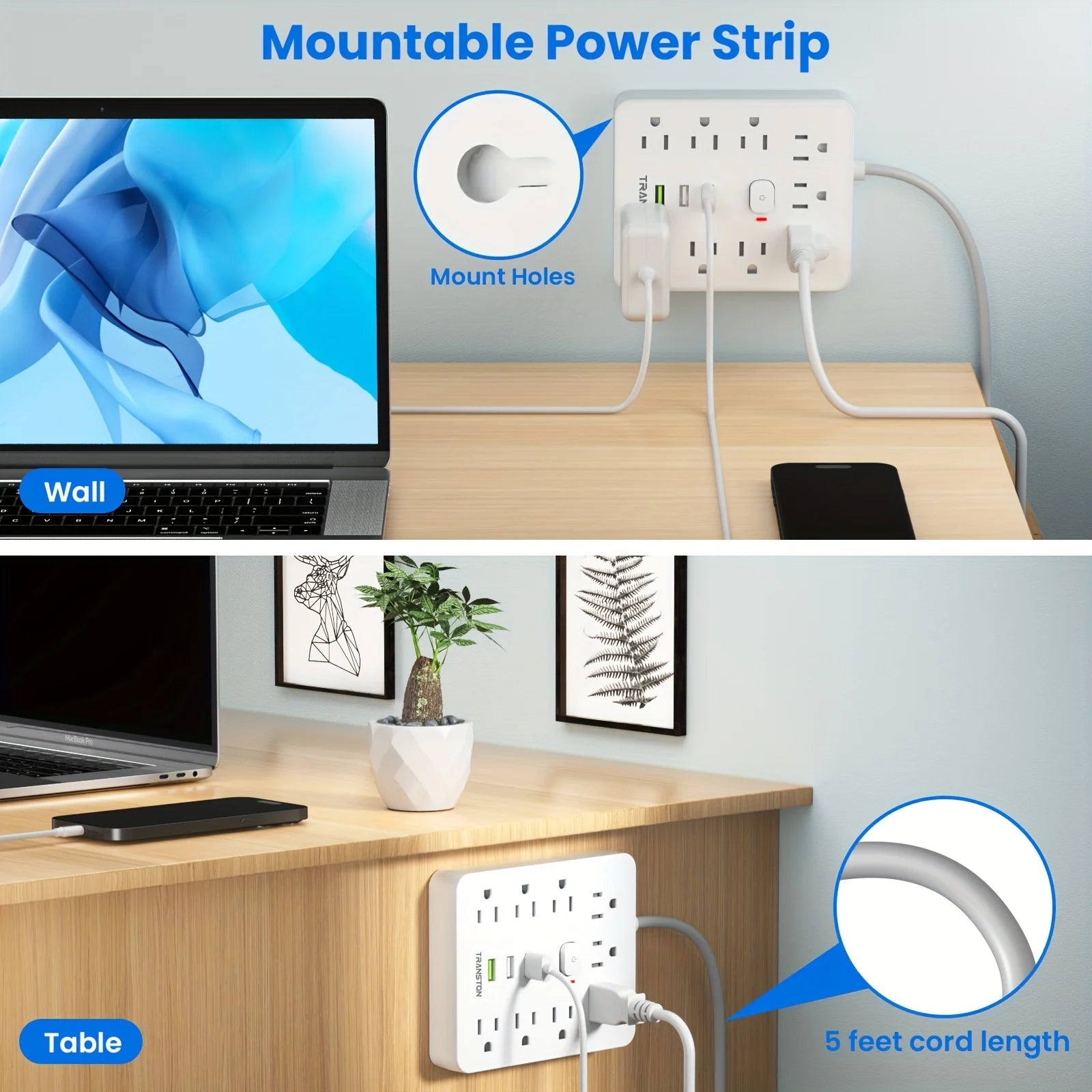 9-Outlet Surge Protector Power Strip – 3 USB Fast Charging Ports & 5ft Extension Cord for Home & Office