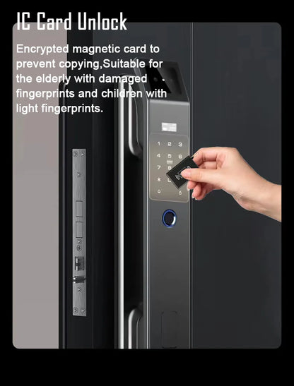 Hand holding an IC card approaching a digital lock on a door with text about IC card unlock feature.