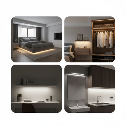 Scenarios showing various furniture and home decor items including a bed, wardrobe, desk, and bathroom mirror.