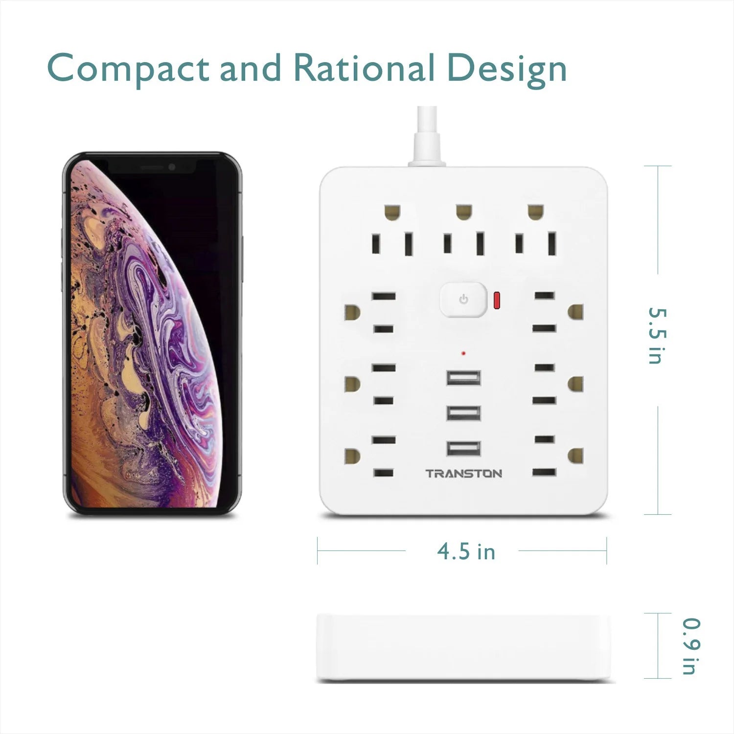 9-Outlet Surge Protector Power Strip – 3 USB Fast Charging Ports & 5ft Extension Cord for Home & Office