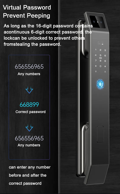Digital door lock with virtual password feature on a dark background