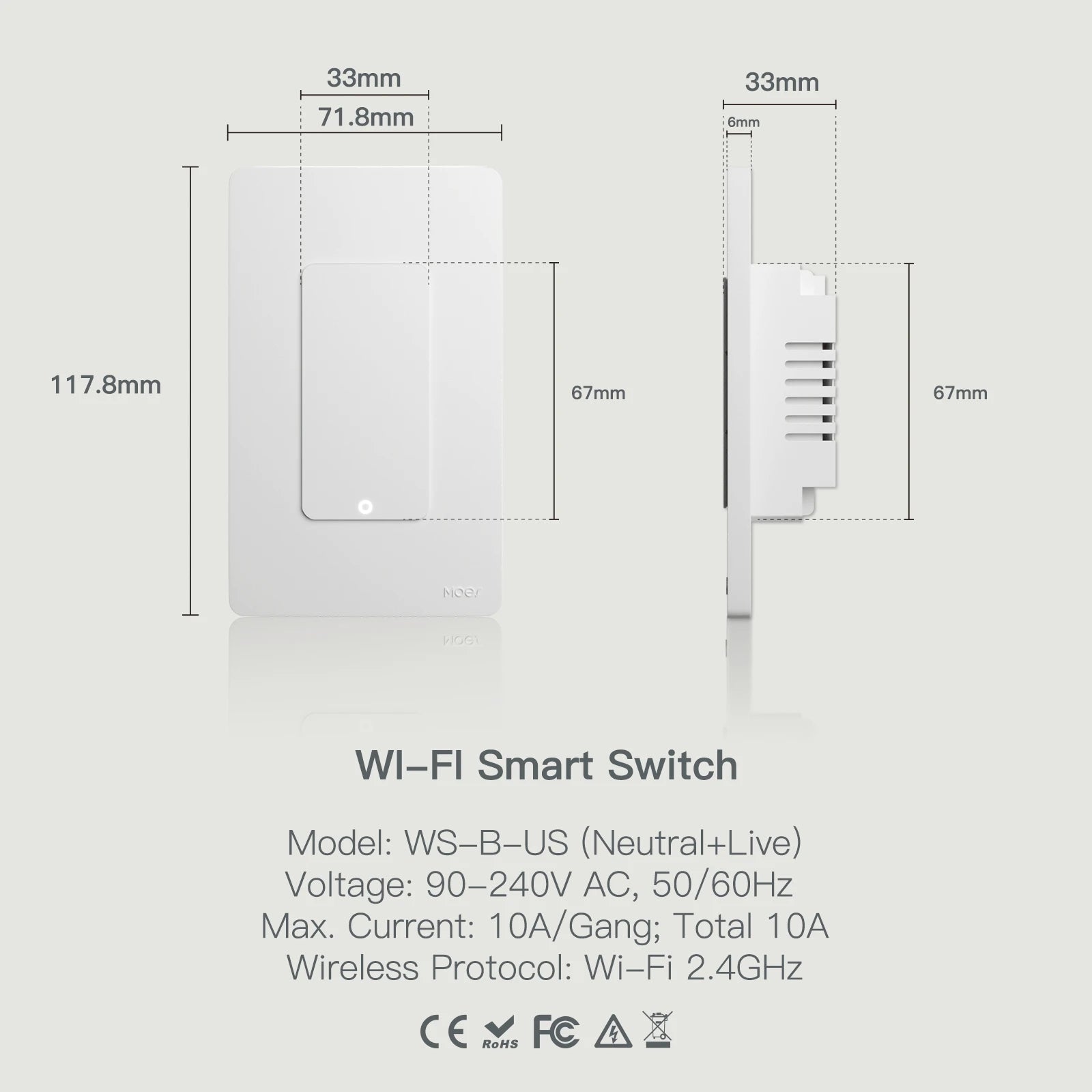 MOES Tuya WiFi Smart Light Switch – Single Pole Wall Switch Compatible with Alexa & Google Home (Neutral Wire Required)