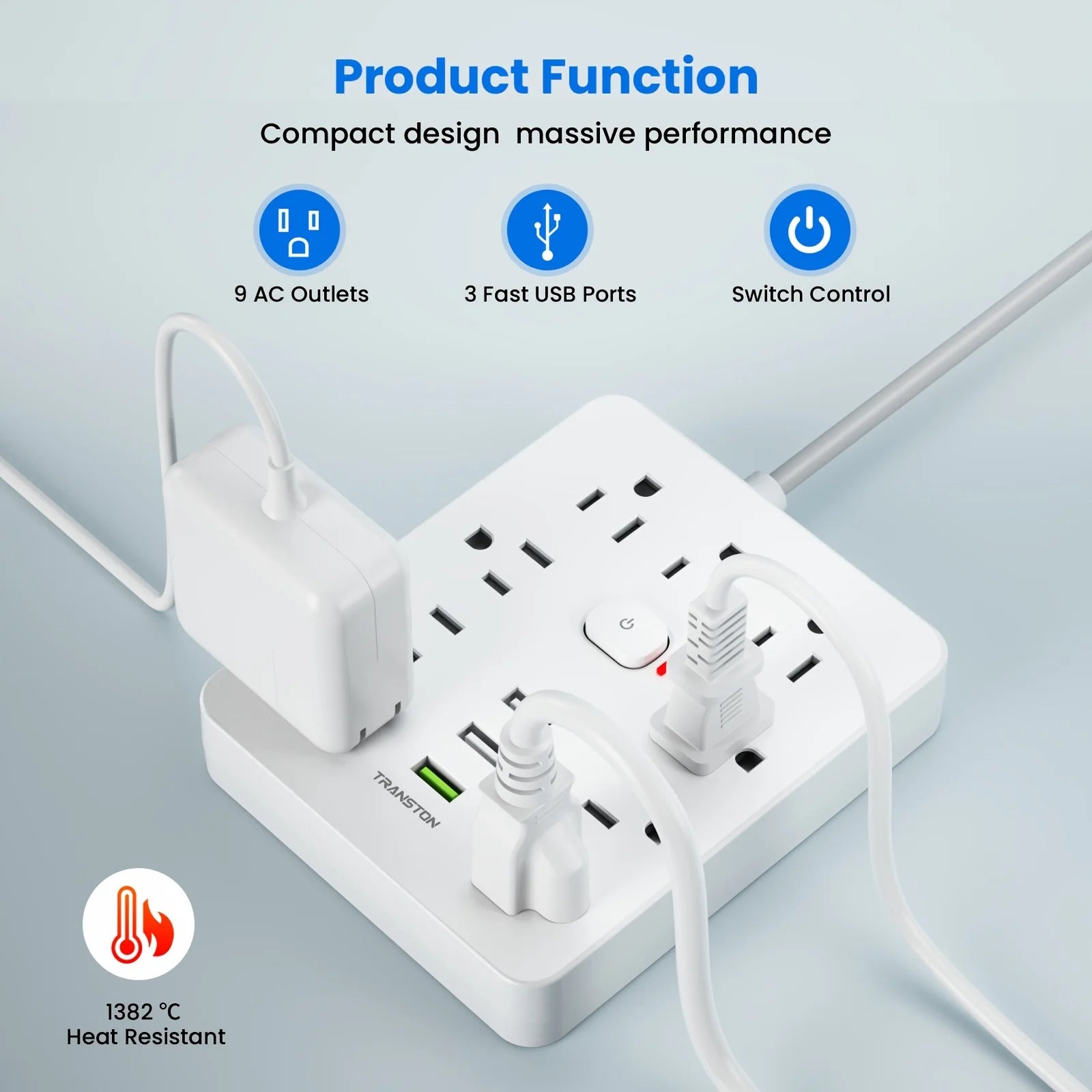 9-Outlet Surge Protector Power Strip – 3 USB Fast Charging Ports & 5ft Extension Cord for Home & Office