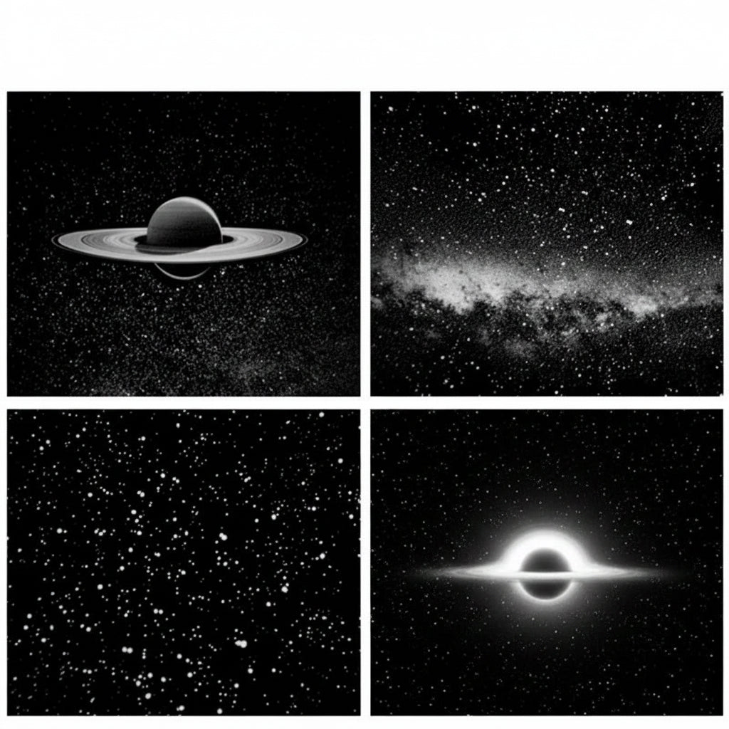 Four black and white images of celestial bodies with various effects and styles.