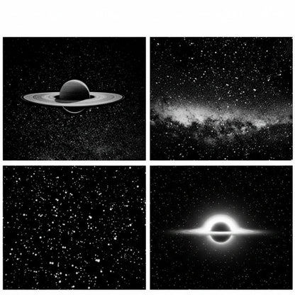 Four black and white images of celestial bodies with various effects and styles.