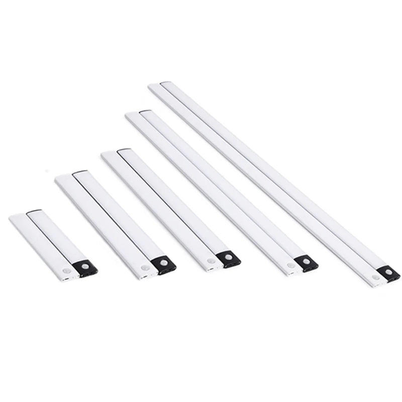 Set of five white LED light strips on a white background