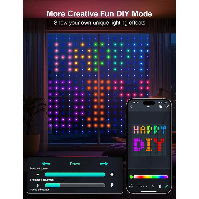 Smart RGB Curtain Lights – App Controlled LED Fairy Lights with DIY Patterns, Music Sync & Remote