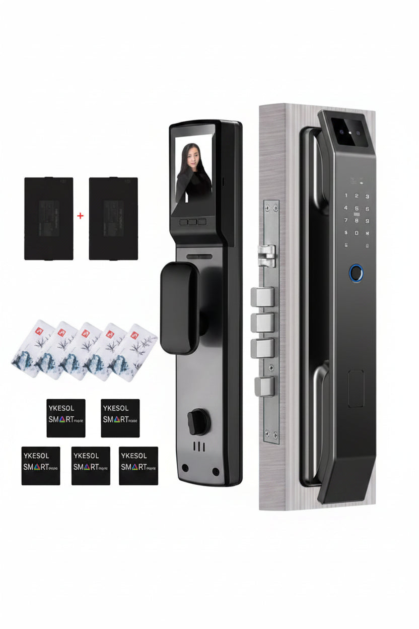 Smart door lock with face recognition feature and Tuya branding.