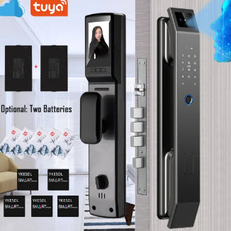 Smart door lock with face recognition feature and Tuya branding.