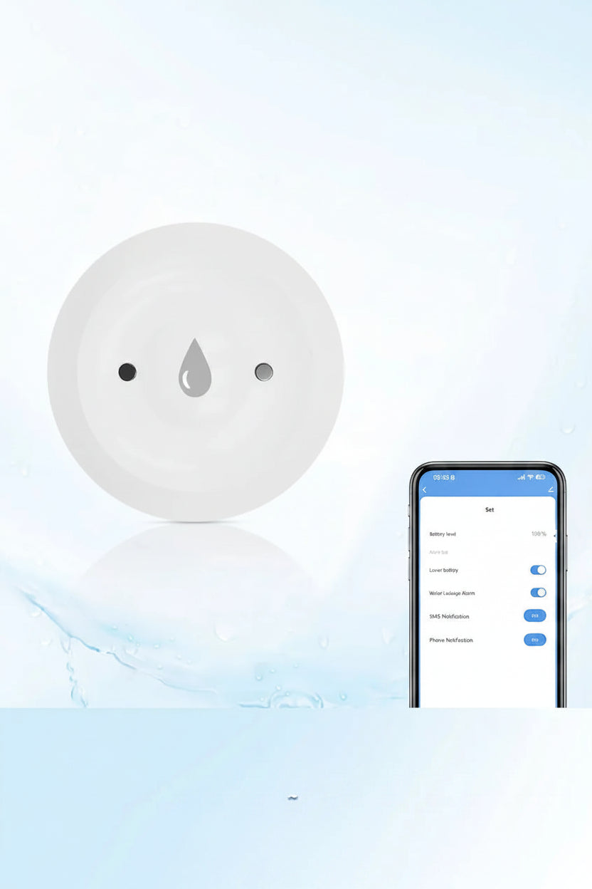 Smart home device with app control for flood monitoring on a light blue background