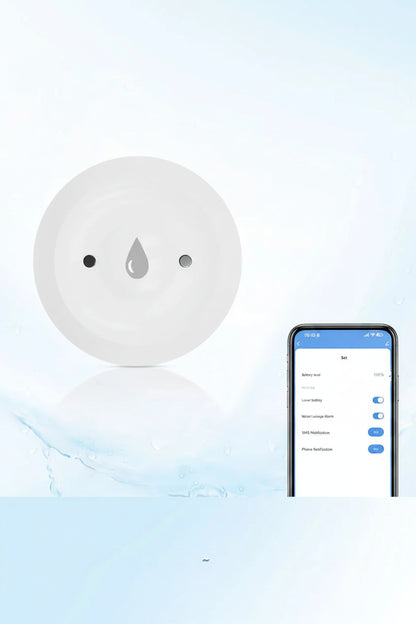 Smart home device with app control for flood monitoring on a light blue background