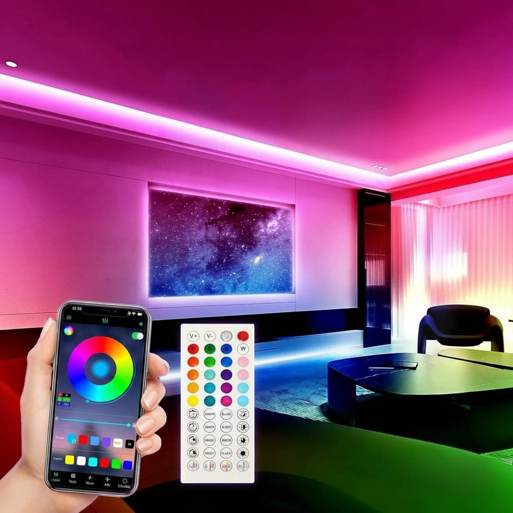 Smartphone with app control and remote control in front of a room with colorful LED strip lights.