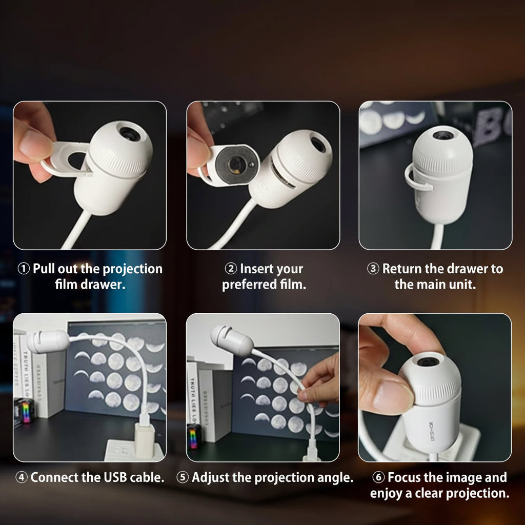 Step-by-step user guide for a projection device with images and text.
