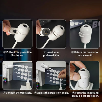 Step-by-step user guide for a projection device with images and text.