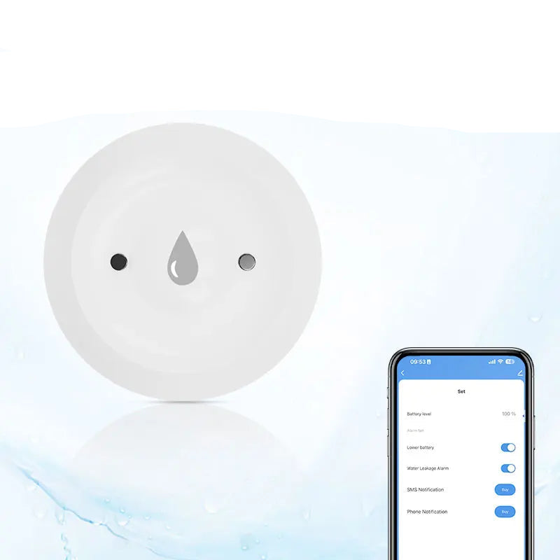 Tuya Smart Life app showing instant water leak alert notification on phone