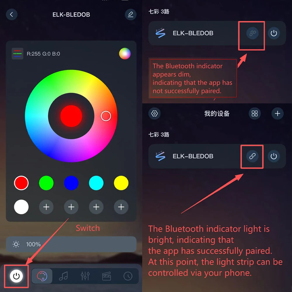 Two screens showing a color wheel and Bluetooth pairing interface for an ELK-BLEDOB device.