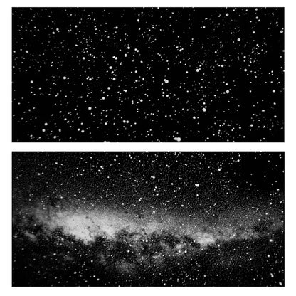 Two views of the night sky with stars and the Milky Way galaxy.