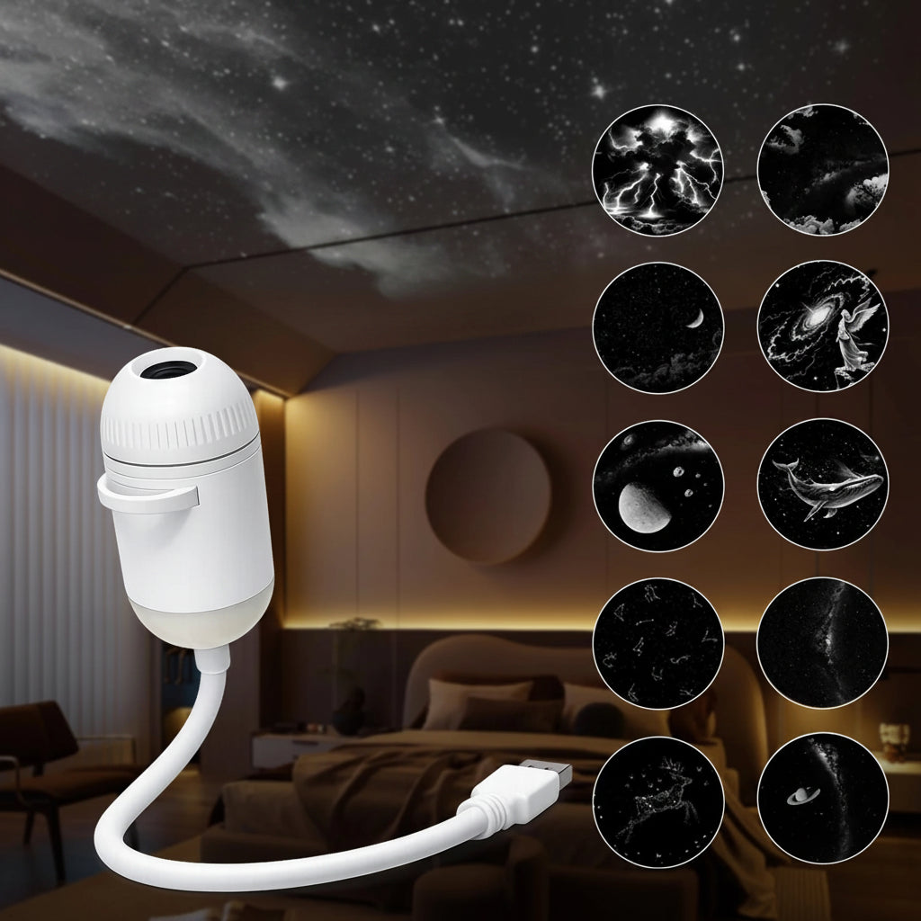 USB power supply with starry night light display in a bedroom setting