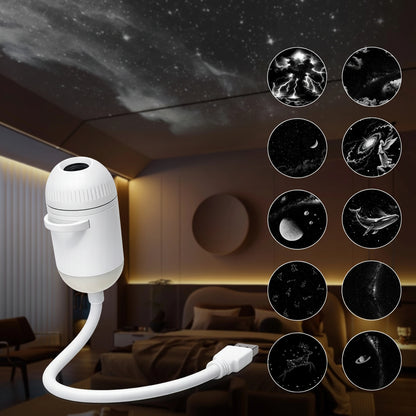 USB power supply with starry night light display in a bedroom setting
