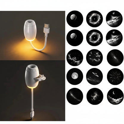 USB projection lamp and night light with changeable projection films on a white background