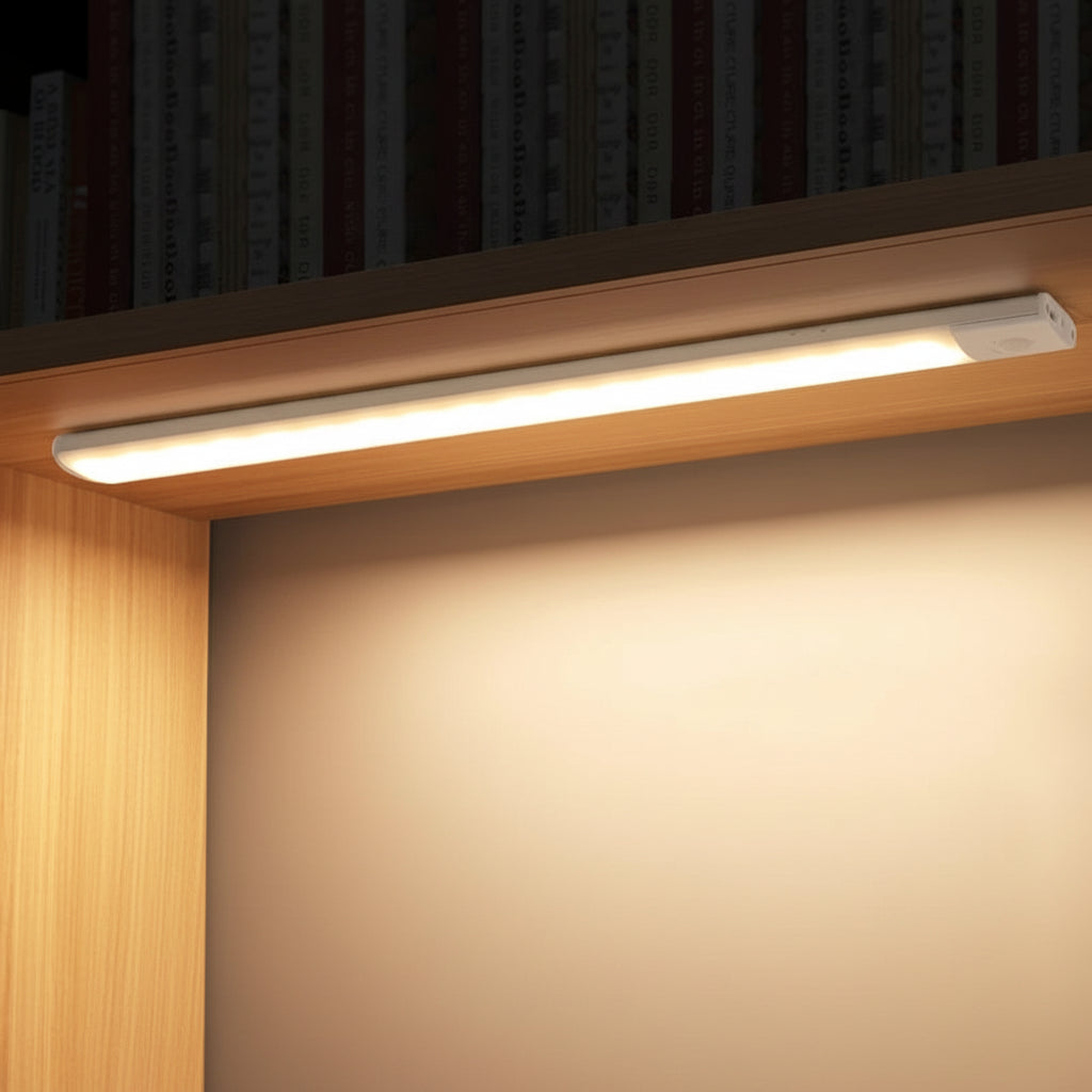 Ultra-thin smart wireless sensor light with features highlighted on a wooden surface.