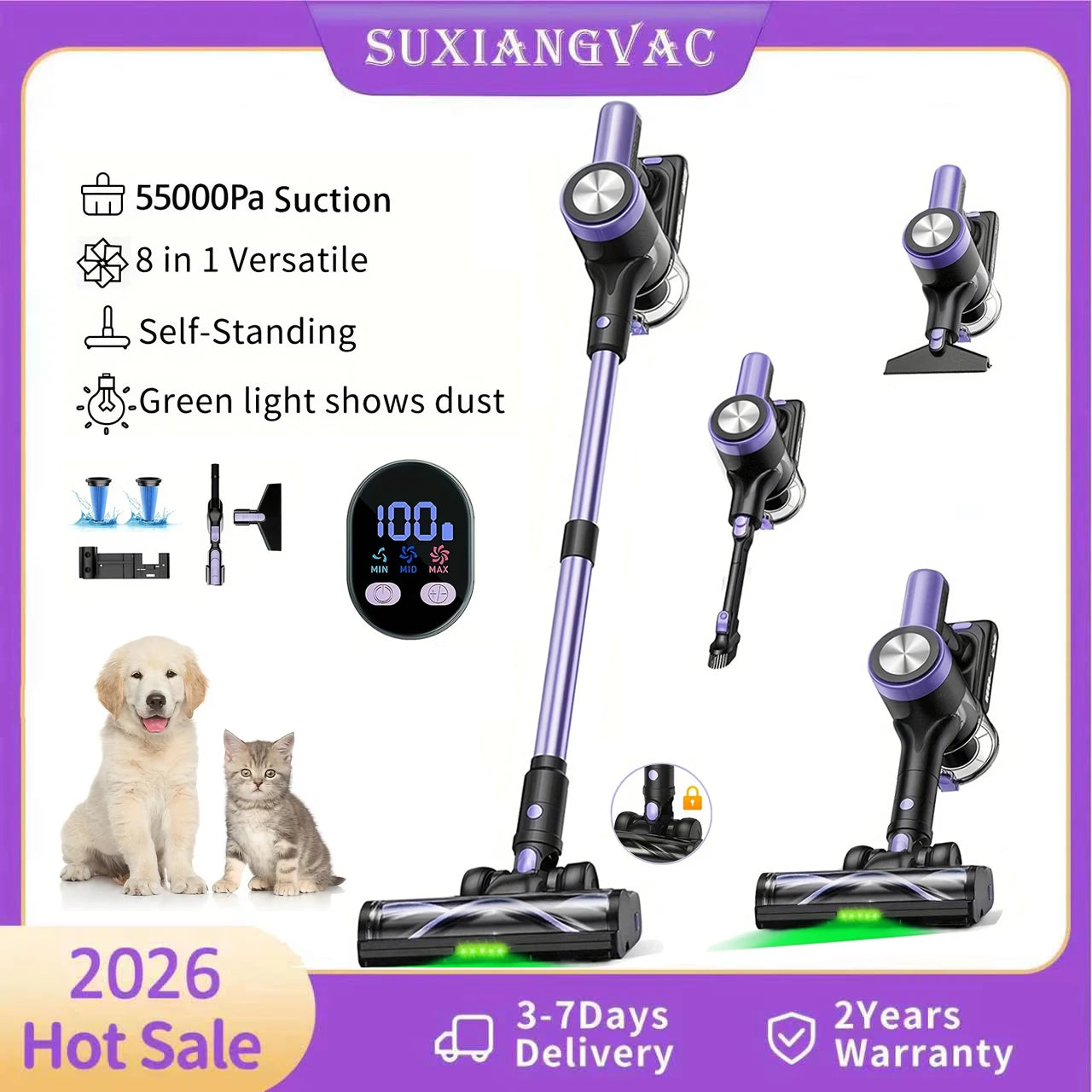 Jazl Store 8-in-1 smart cordless stick vacuum with green LED headlight for deep cleaning.