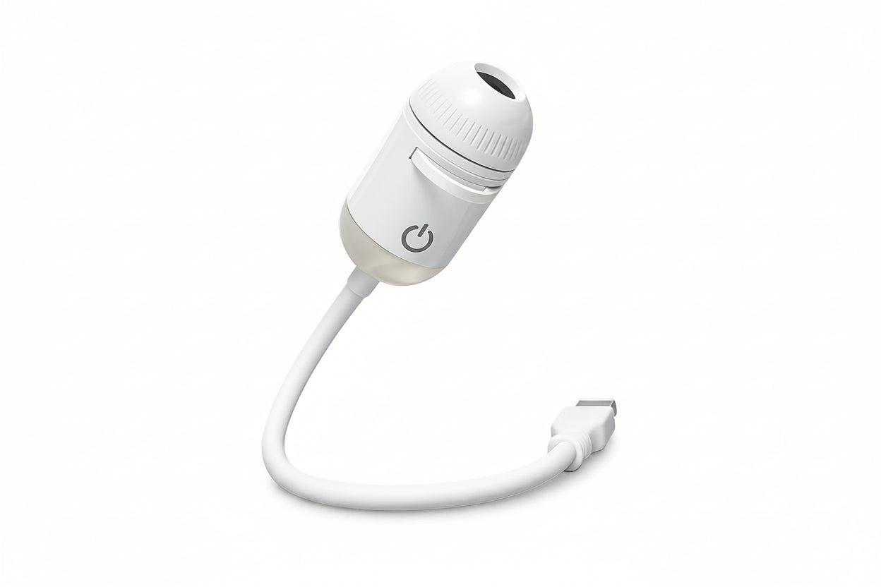 White USB light bulb with power symbol on a white background