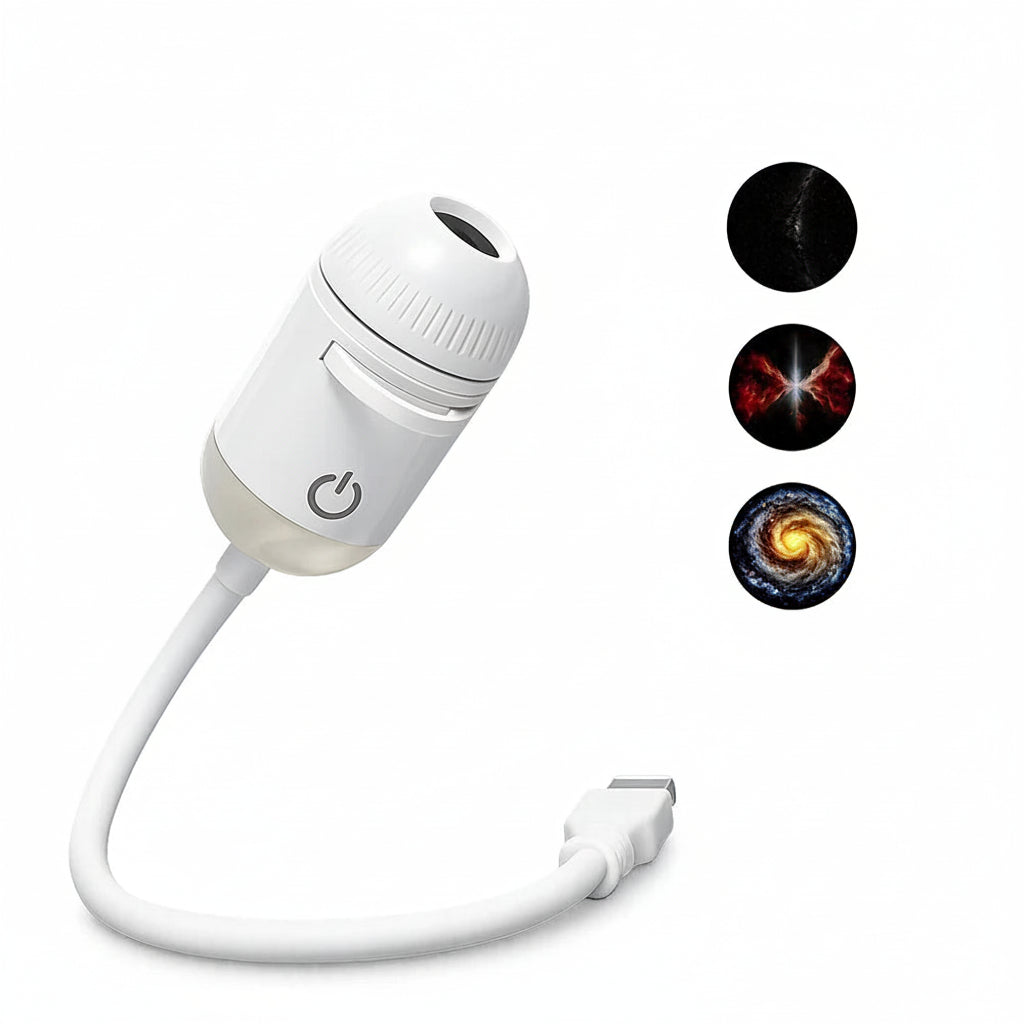 White USB projection night light with power symbol and three projection film options on a white background