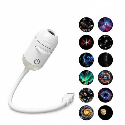 White USB projection night light with 12 projection films displayed on a white background